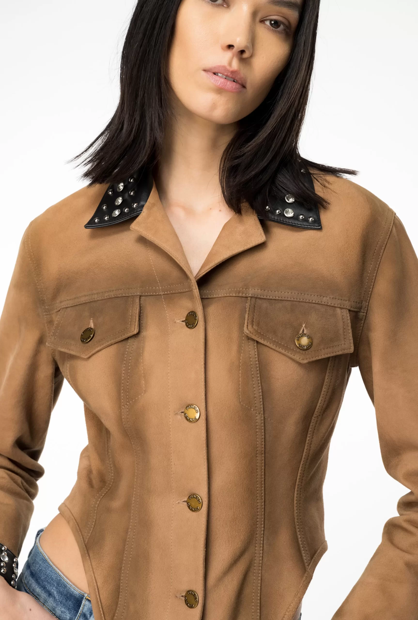 PINKO Bustier Jacket In Aged-effect Suede With Studs New