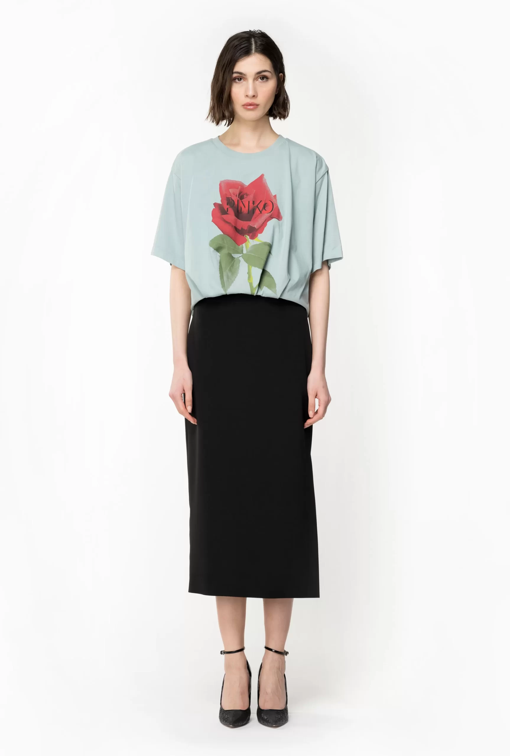 PINKO Cropped T-shirt With Rose Print Clearance