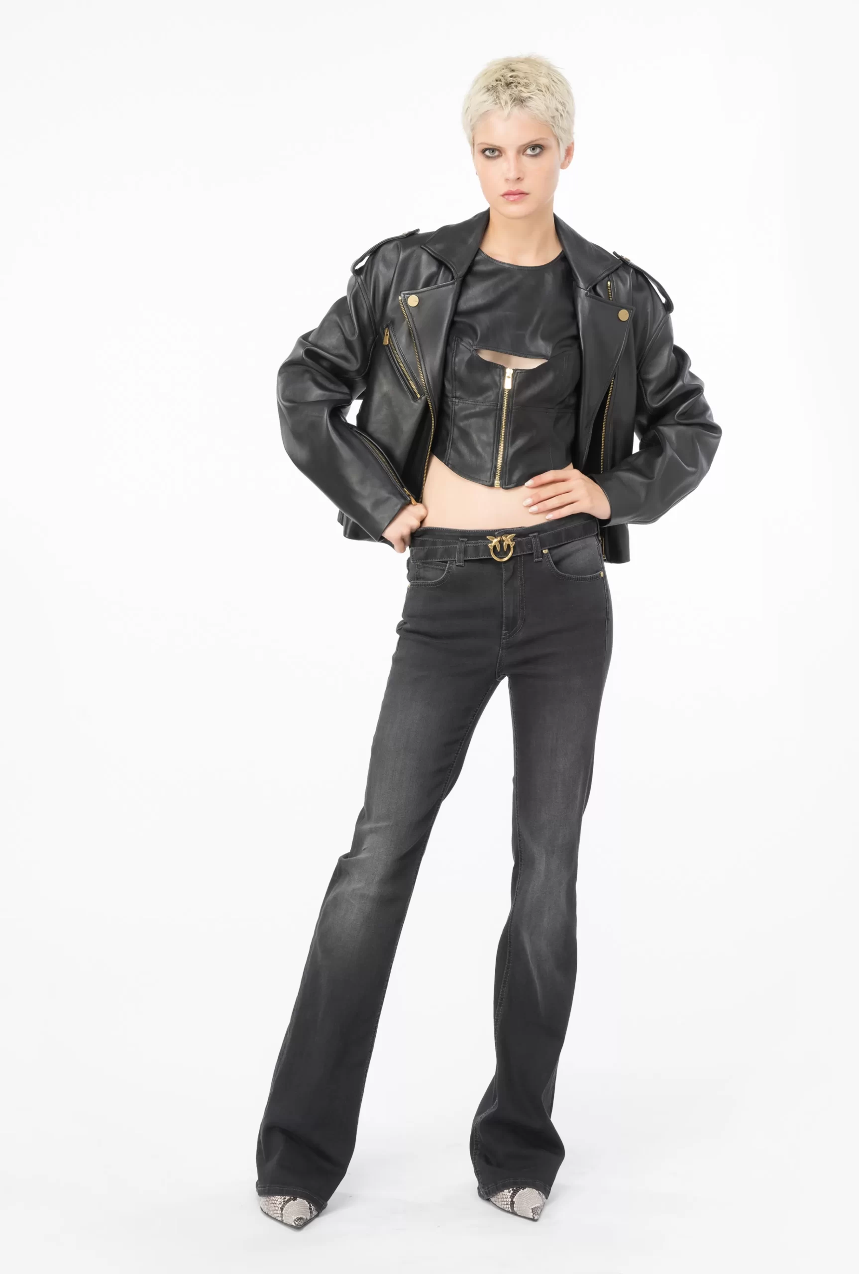 PINKO Flared Black Denim Jeans With Belt Fashion