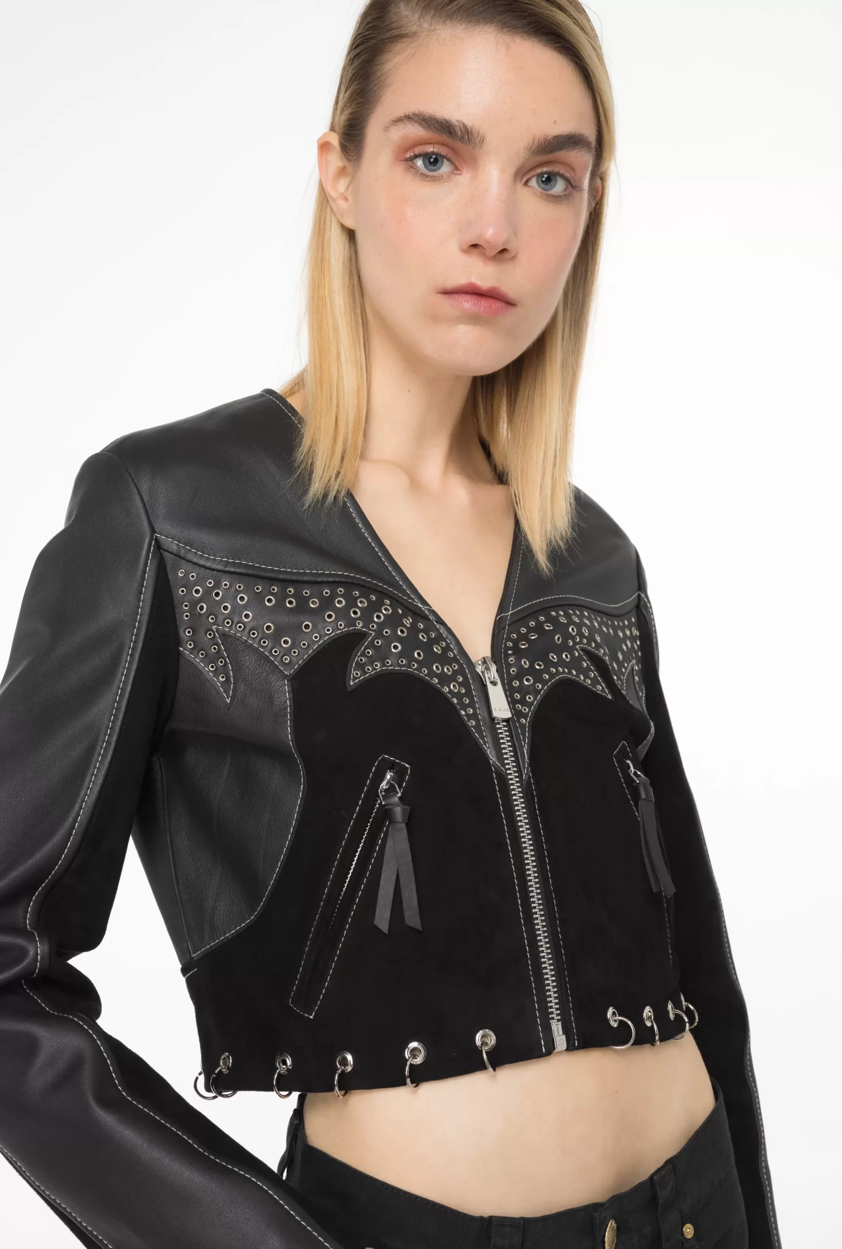 PINKO Leather And Suede Biker Jacket With Piercing Detail Flash Sale