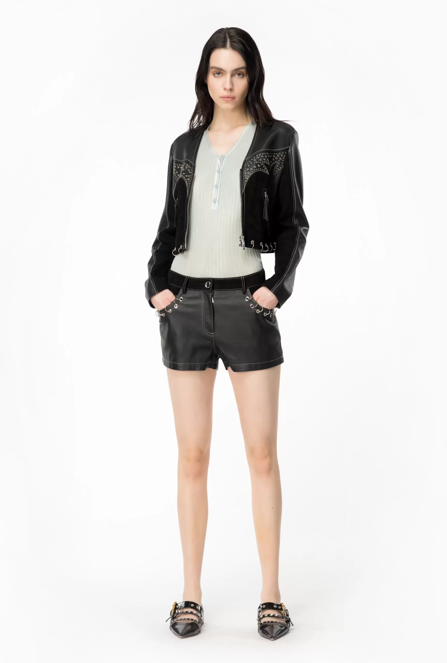 PINKO Leather And Suede Shorts With Piercing Detail Hot