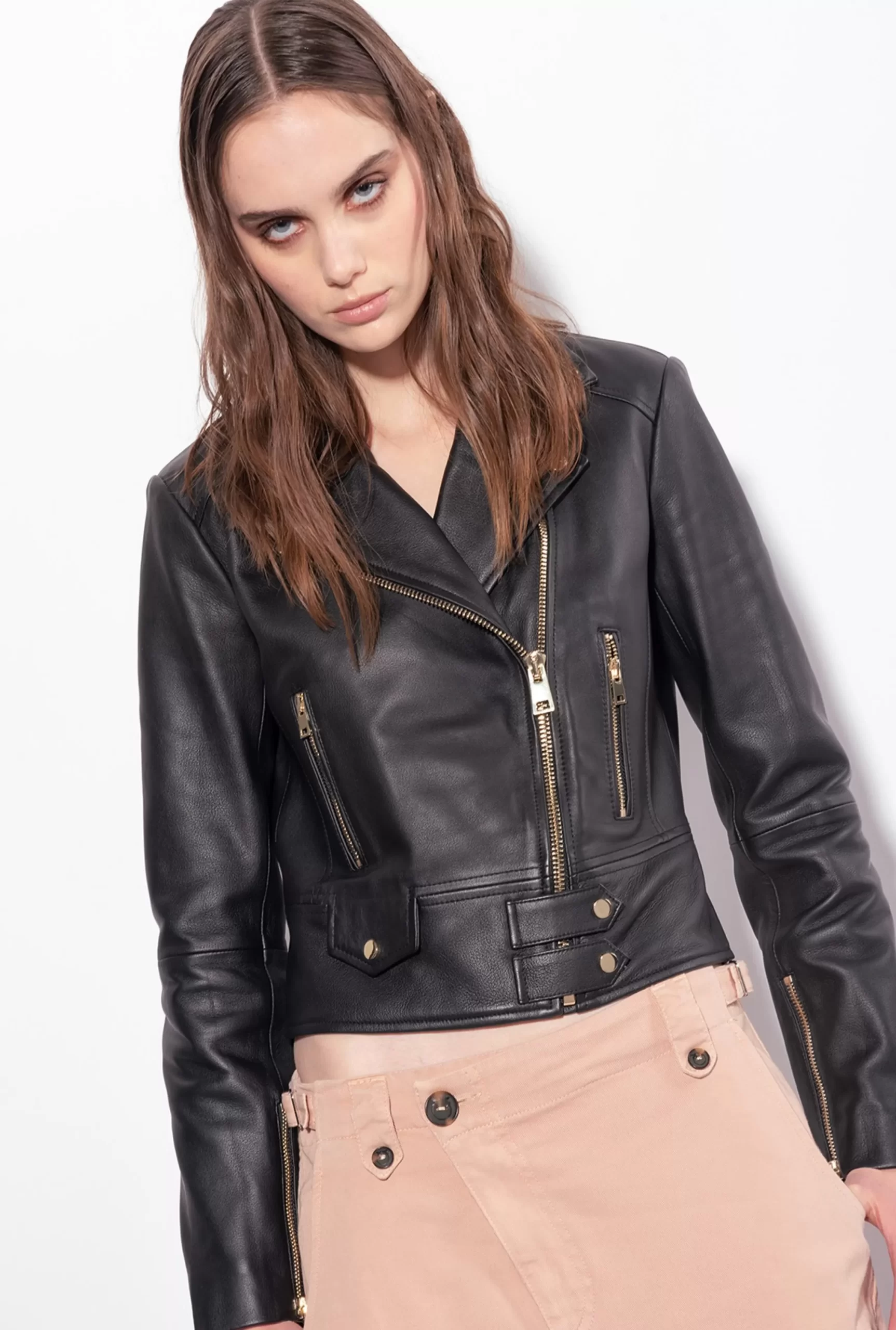 PINKO Nappa Leather Biker Jacket New