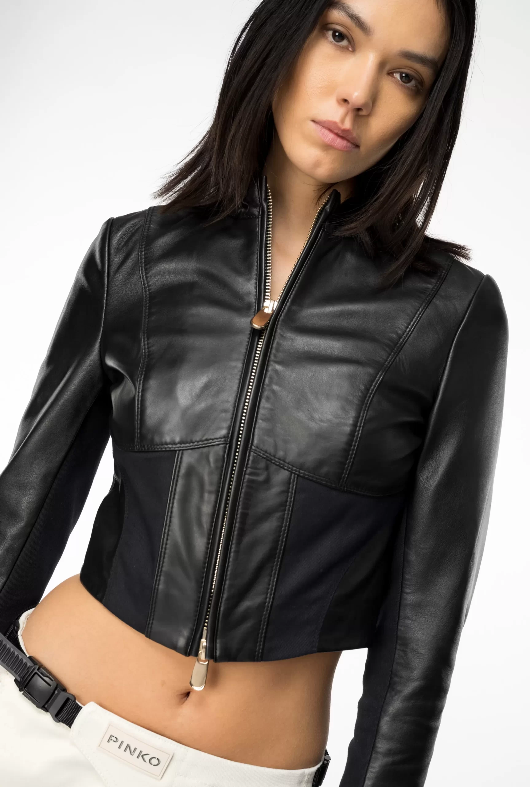 PINKO Short Leather And Fabric Biker Jacket Best Sale