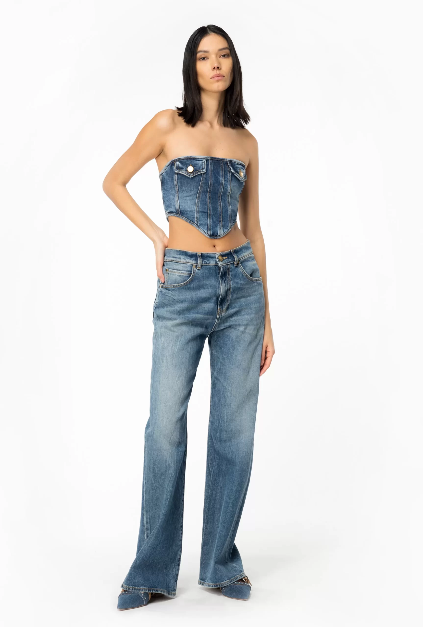 PINKO Stretch Denim Bustier Top Cheap