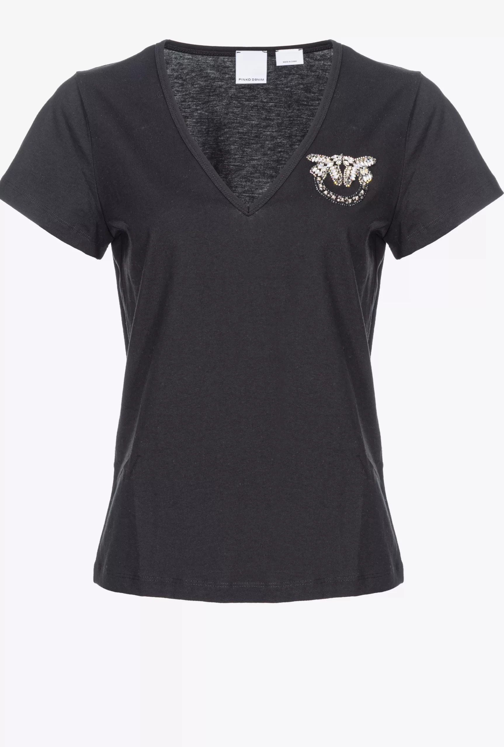 PINKO V-neck T-shirt With Shiny Logo Flash Sale